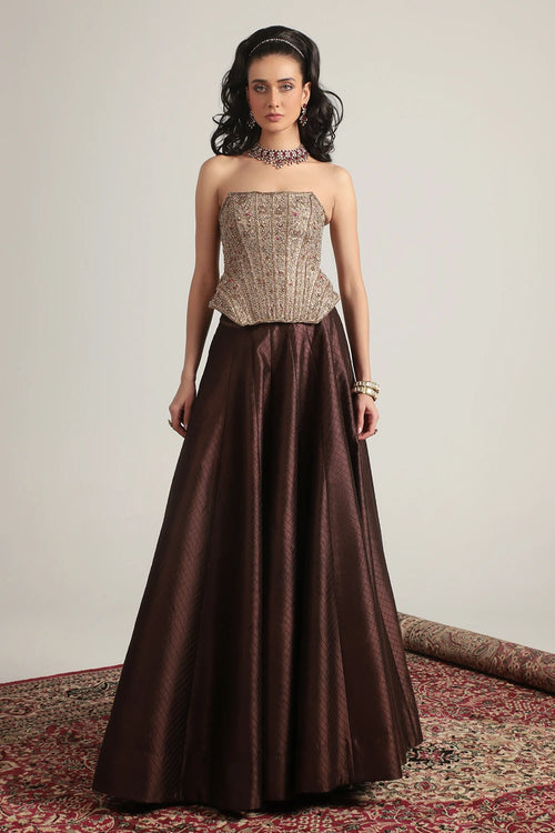 Zar Rang Brown Panelled Corset Quilted Lehenga Set