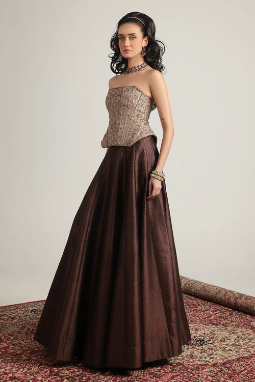 Zar Rang Brown Panelled Corset Quilted Lehenga Set