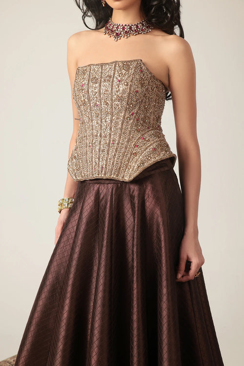 Zar Rang Brown Panelled Corset Quilted Lehenga Set
