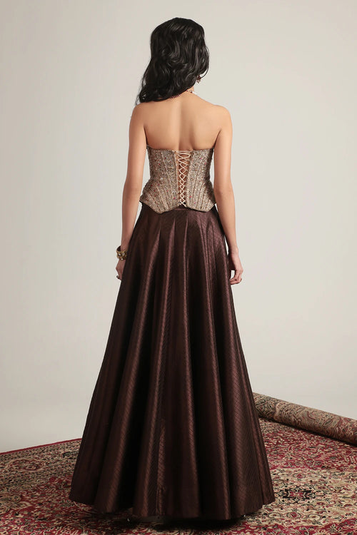 Zar Rang Brown Panelled Corset Quilted Lehenga Set