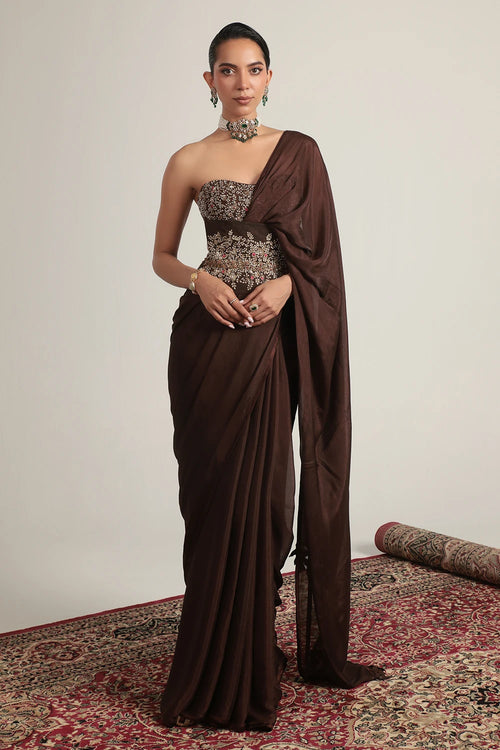 Zar Rang Brown Double Corset Saree Set