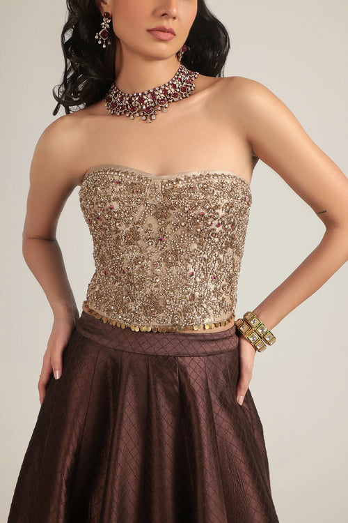 Zar Rang Brown Corset Quilted Lehenga Set