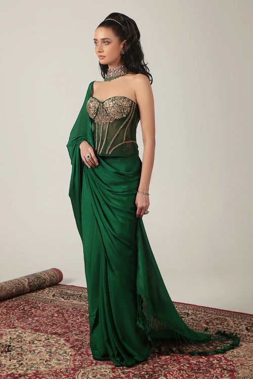 Zar Rang Green Zardosi Corset Saree Set