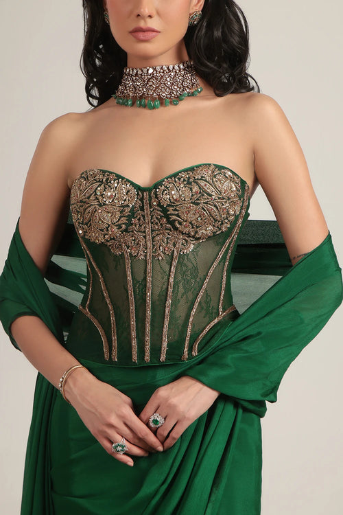 Zar Rang Green Zardosi Corset Saree Set