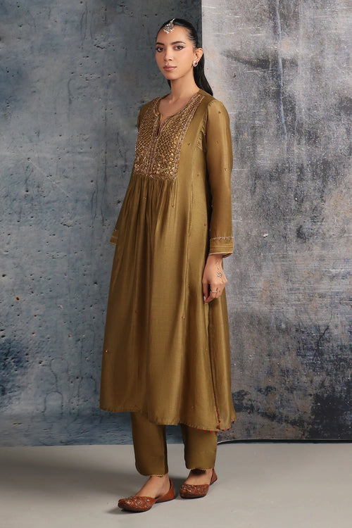 Mehrang Olive Green Frockstyle Kurta Set
