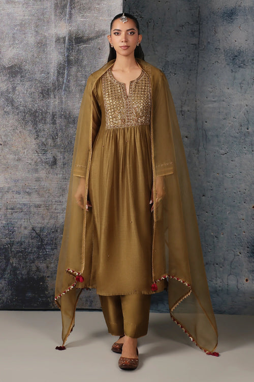 Mehrang Olive Green Frockstyle Kurta Set With Dupatta