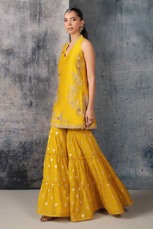 Mehrang Yellow Sleeveless Sharara Set