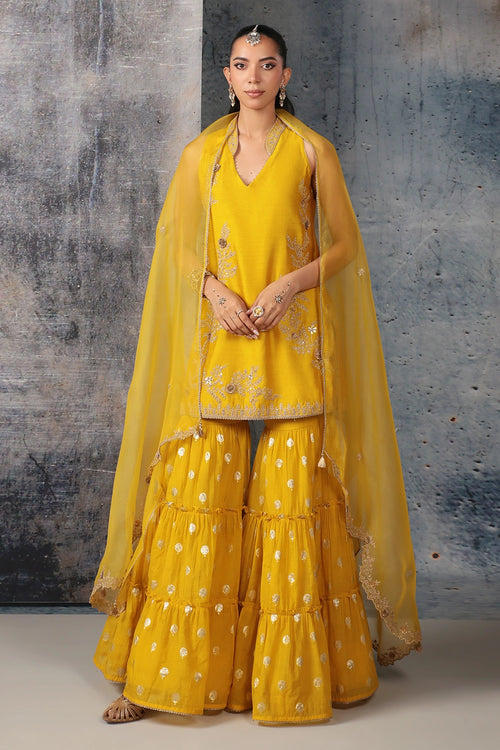 Mehrang Yellow Sleeveless Sharara Set