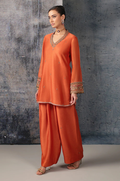 Mehrang Orange V Neck Short Kurta Set