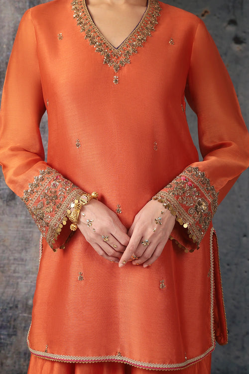 Mehrang Orange V Neck Short Kurta Set