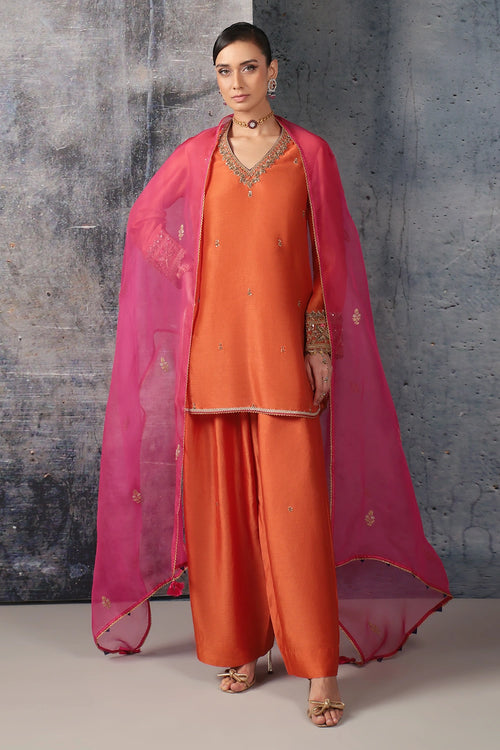 Mehrang Orange V Neck Short Kurta Set