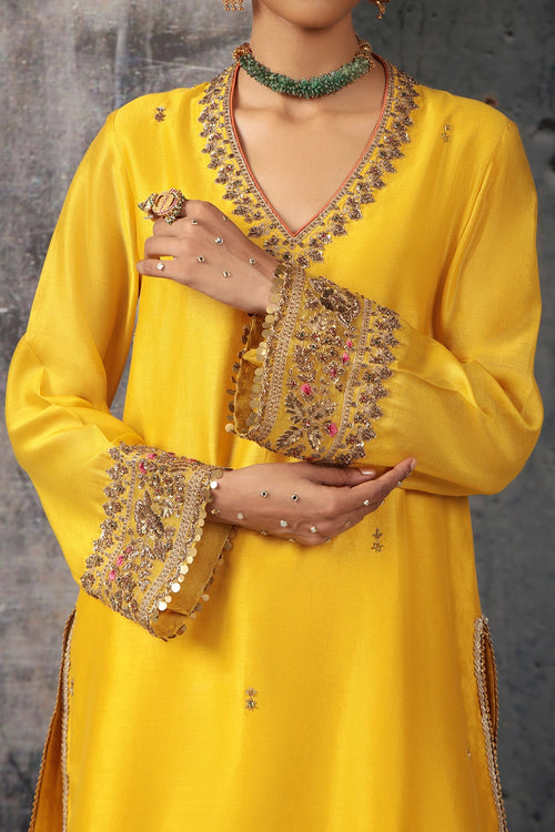 Mehrang Yellow V Neck Short Kurta Set