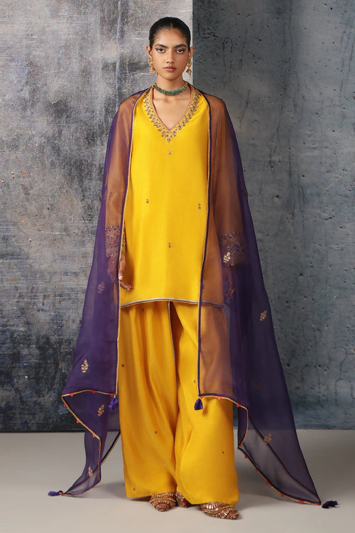 Mehrang Yellow V Neck Short Kurta Set