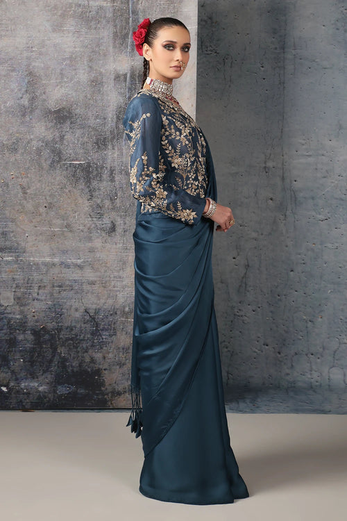 Zar Rang Blue Jacket Saree Set