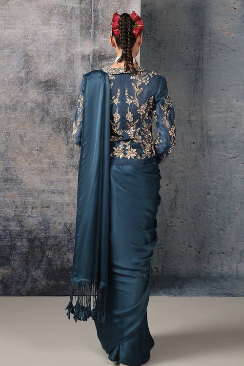 Zar Rang Blue Jacket Saree Set