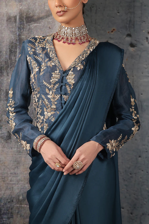 Zar Rang Blue Jacket Saree Set
