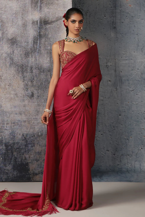 Zar Rang Maroon Heavy Fringe Saree Set