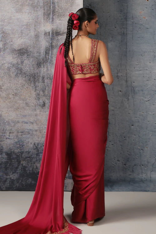 Zar Rang Maroon Heavy Fringe Saree Set