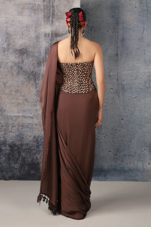 Zar Rang Brown Corset Saree Set