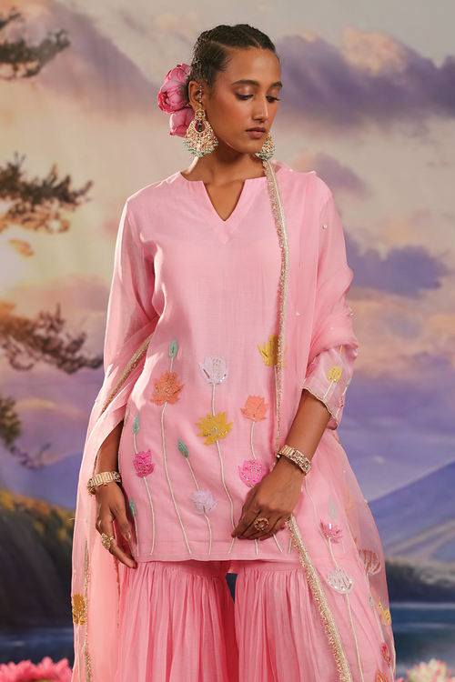 Pink Mul Chanderi Kurta Set