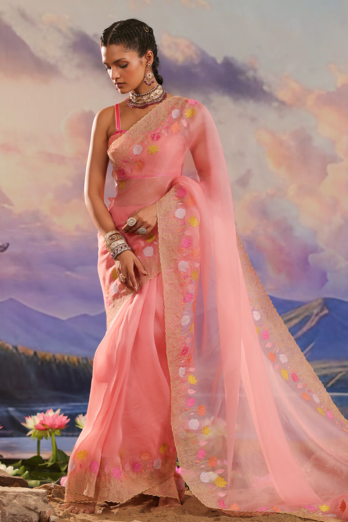 Peach Silk Organza Sari