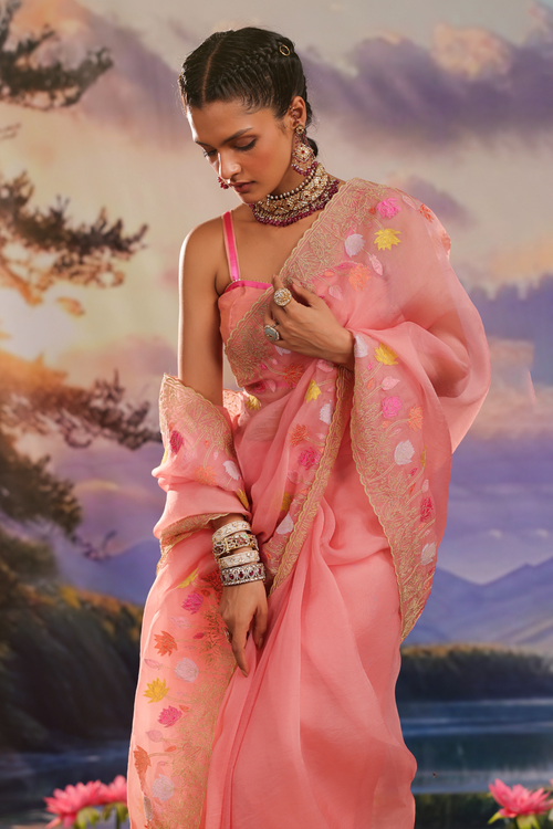 Peach Silk Organza Sari