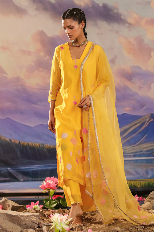 Yellow Mul Chanderi Kurta Set