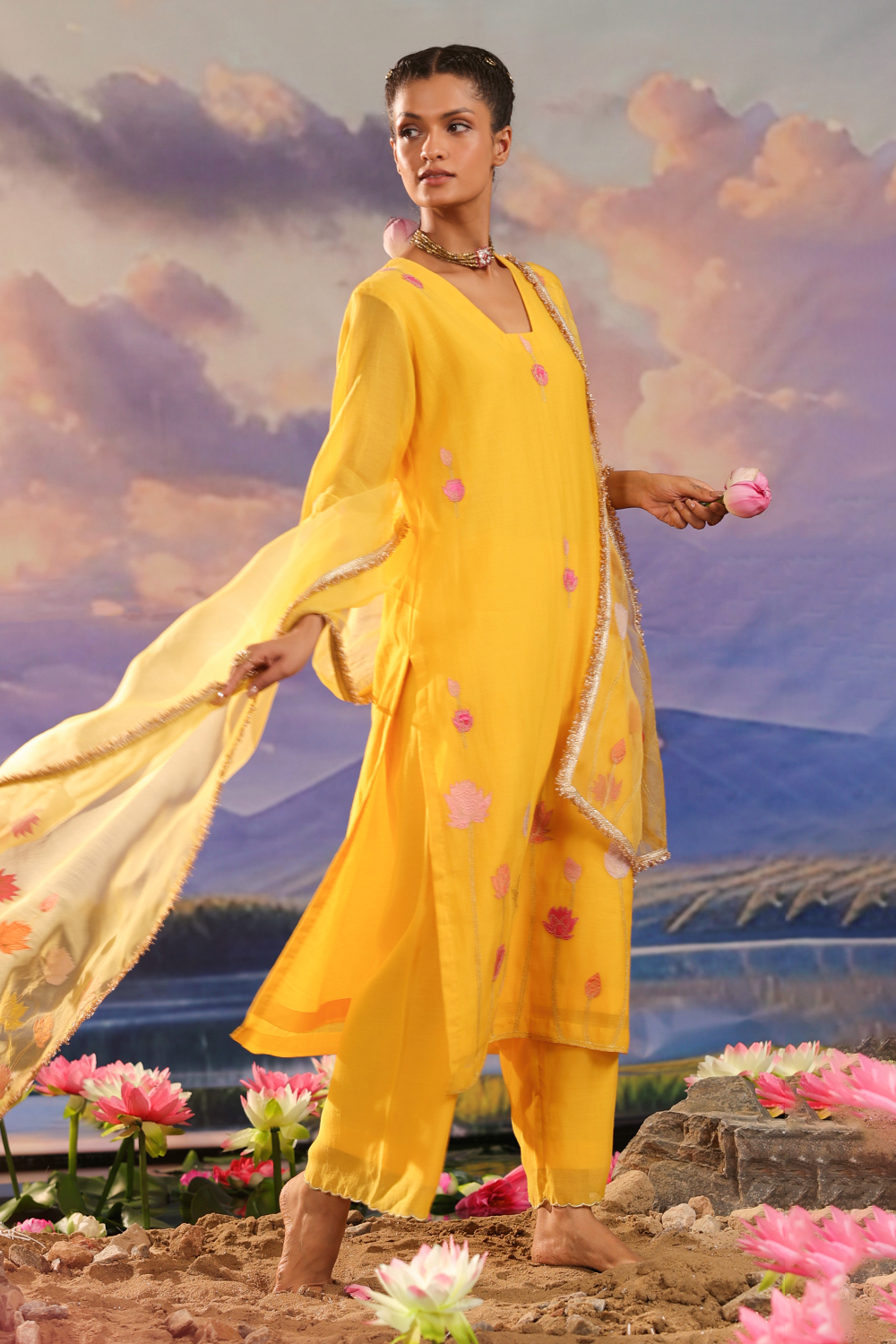 Yellow Mul Chanderi Kurta Set