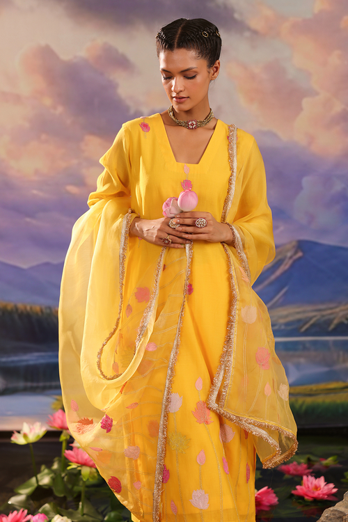 Yellow Mul Chanderi Kurta Set