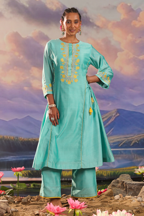 Silk Chanderi Turquoise Co-ord Set
