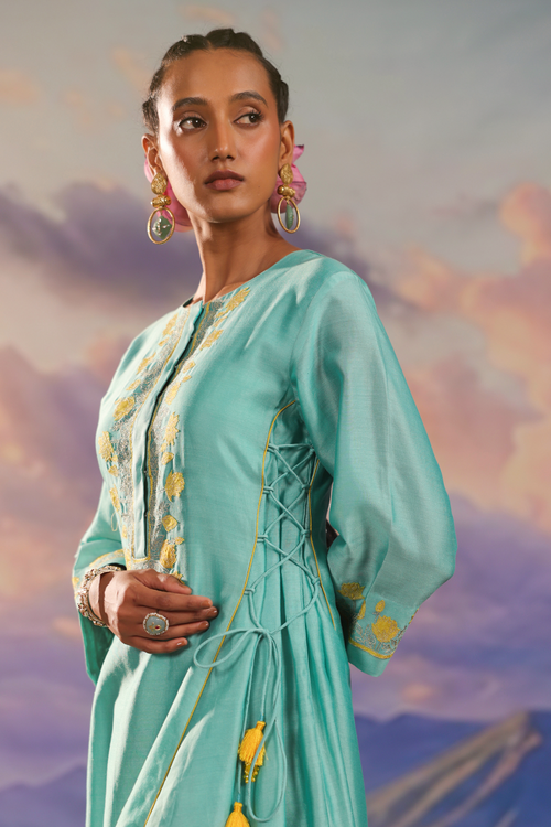 Silk Chanderi Turquoise Co-ord Set