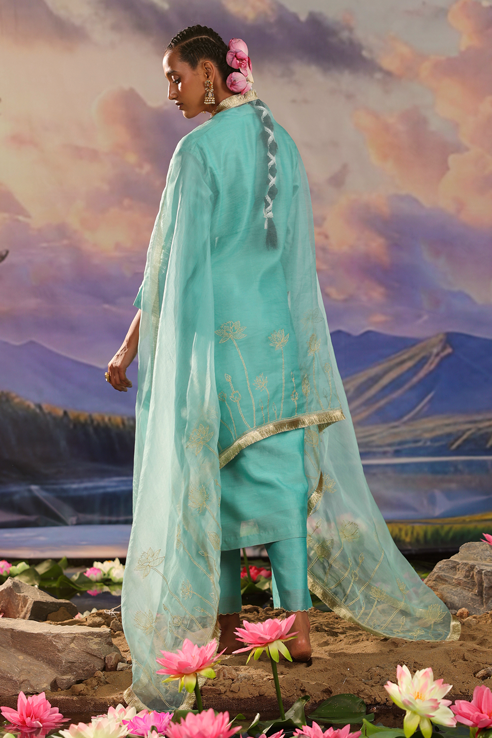 Turquoise Silk Chanderi Kurta Set