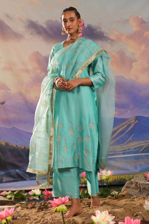 Turquoise Silk Chanderi Kurta Set