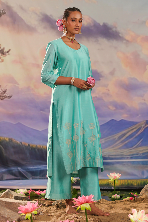 Turquoise Silk Chanderi Kurta Set