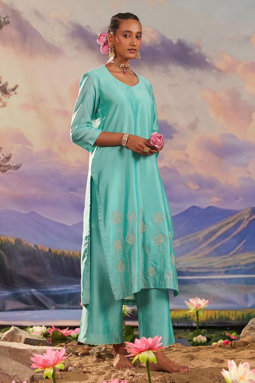 Turquoise Silk Chanderi Kurta Set