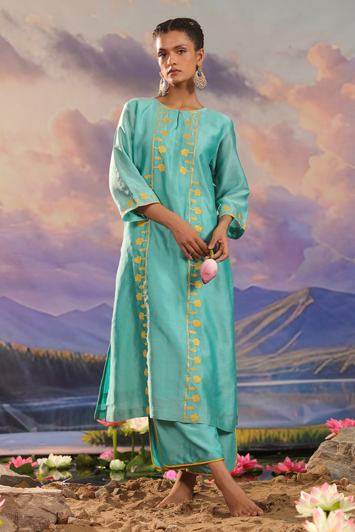 Turquoise Silk Chanderi Co-ord Set