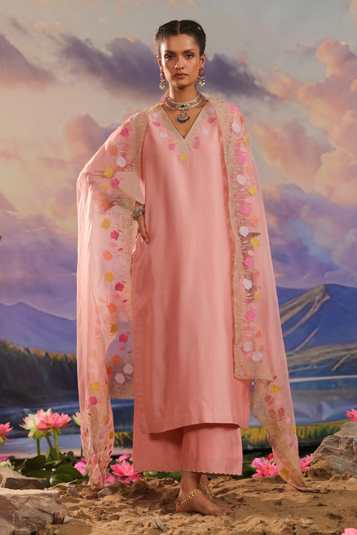 Peach Silk Chanderi Kurta Set