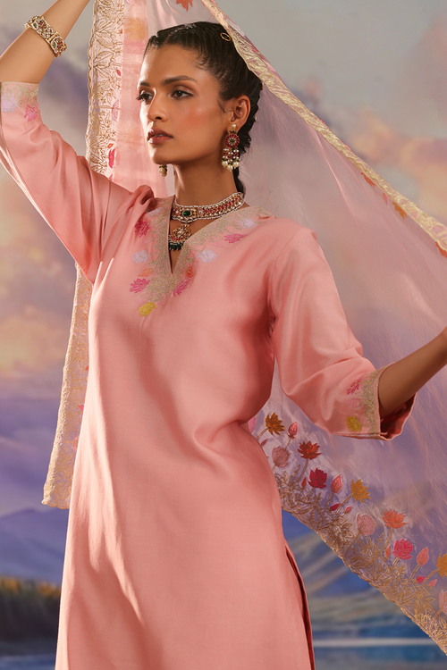 Peach Silk Chanderi Kurta Set