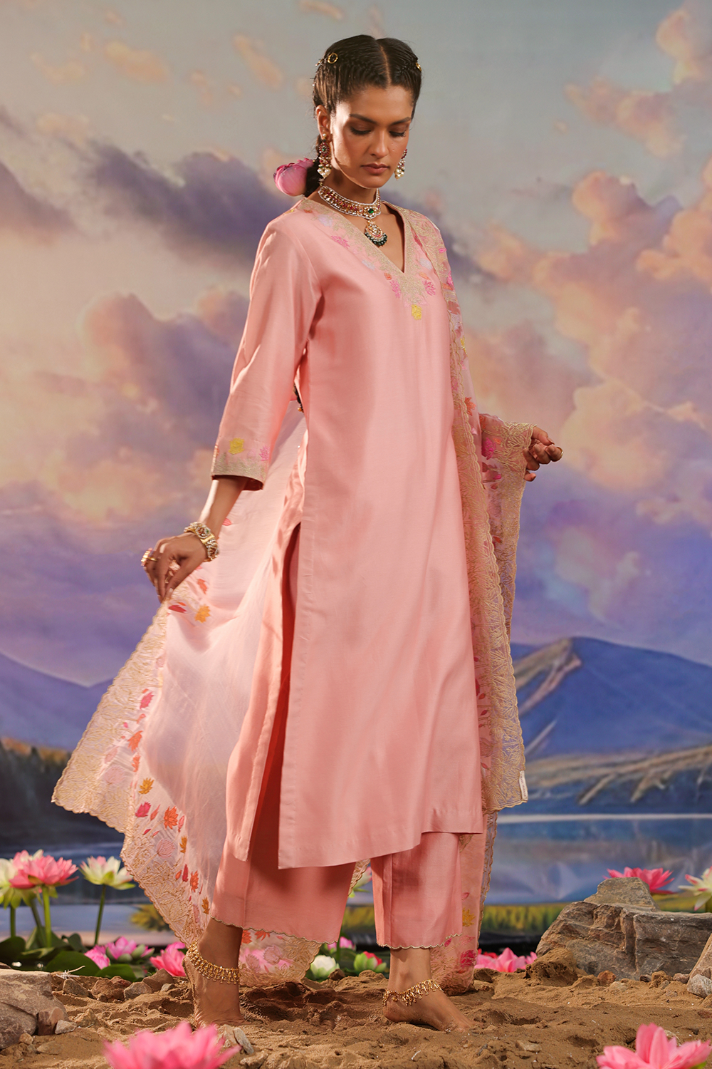 Peach Silk Chanderi Kurta Set