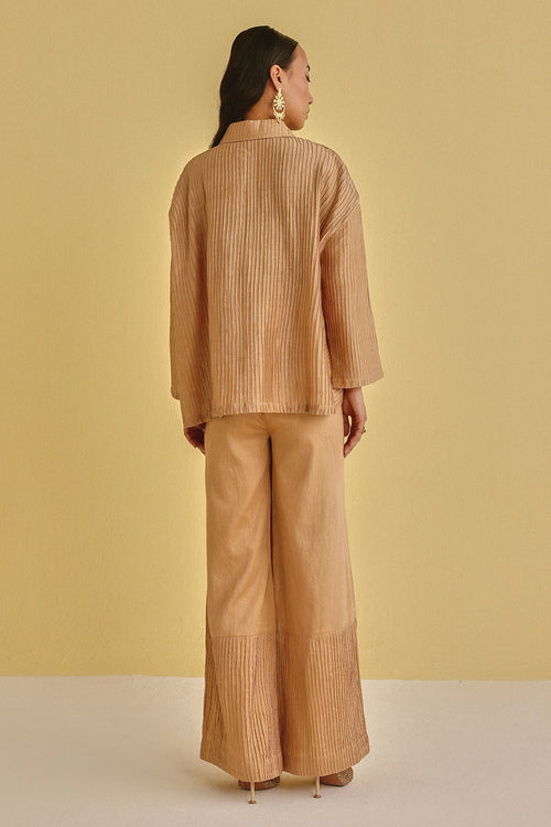 Honey Gold Pintuck Asymmetrical Shirt Jacket With Palazzos
