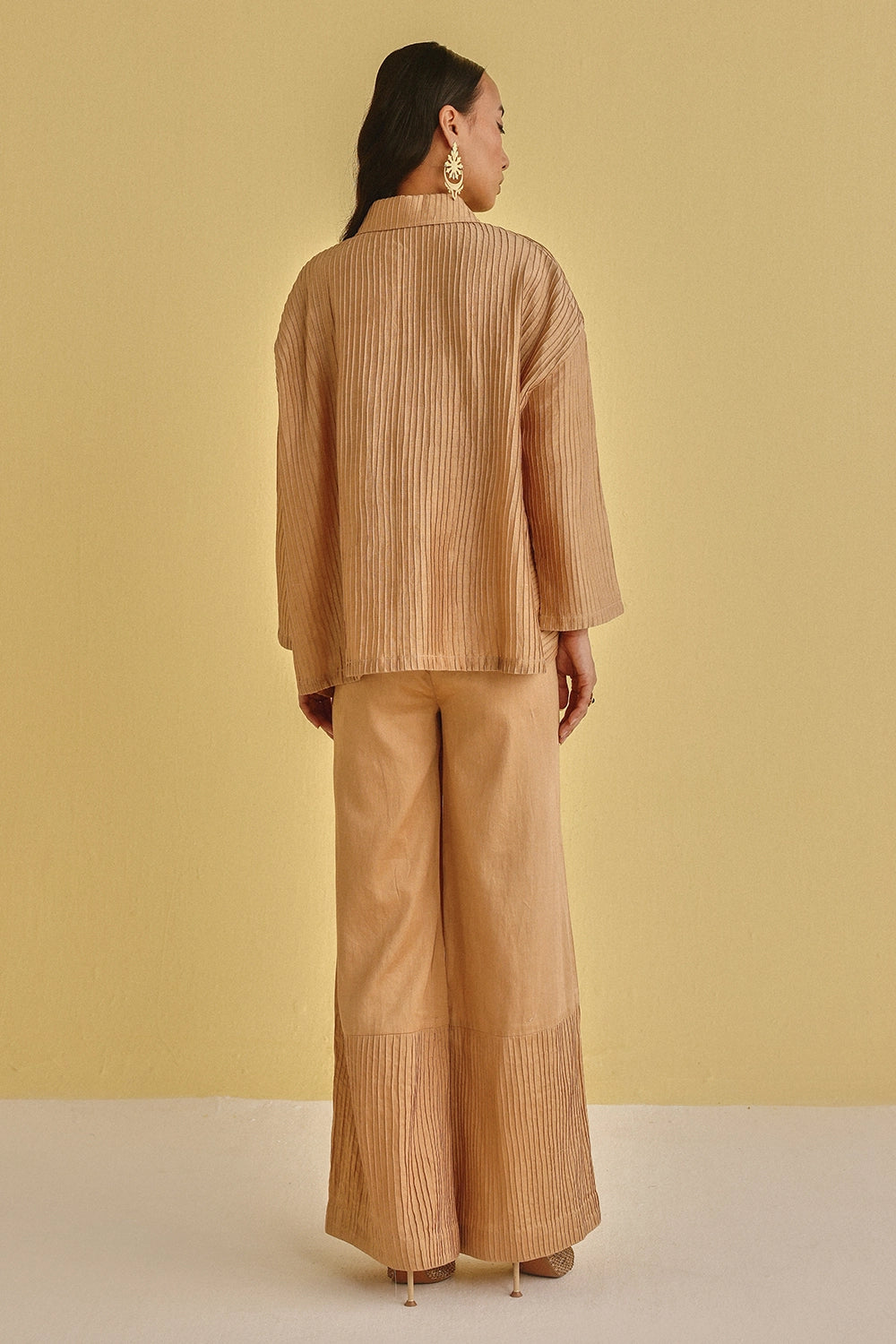 Honey Gold Pintuck Asymmetrical Shirt Jacket With Palazzos