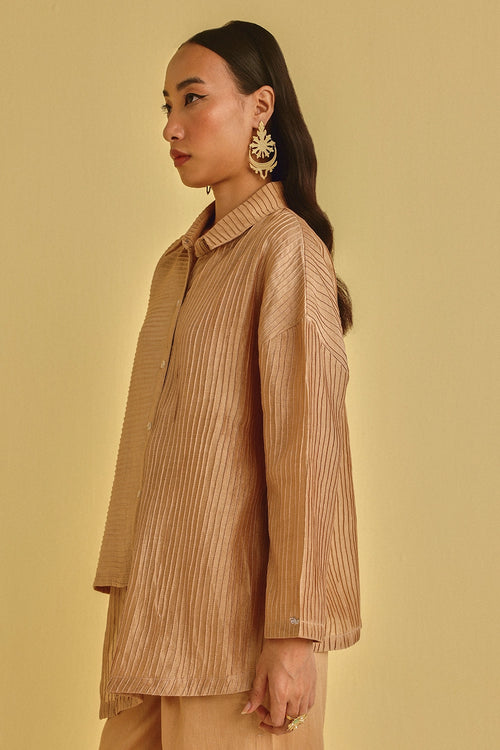 Honey Gold Pintuck Asymmetrical Shirt Jacket With Palazzos