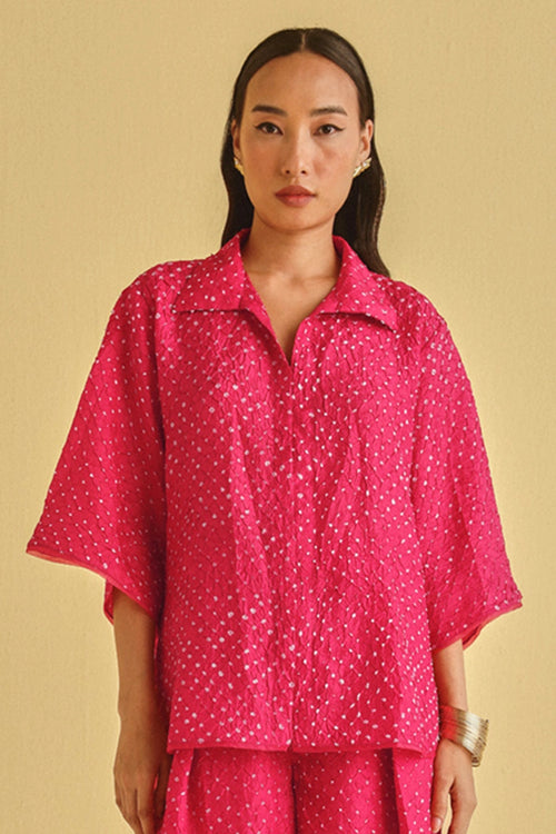 Watermelon Crushed Bandhani Collar Shirt