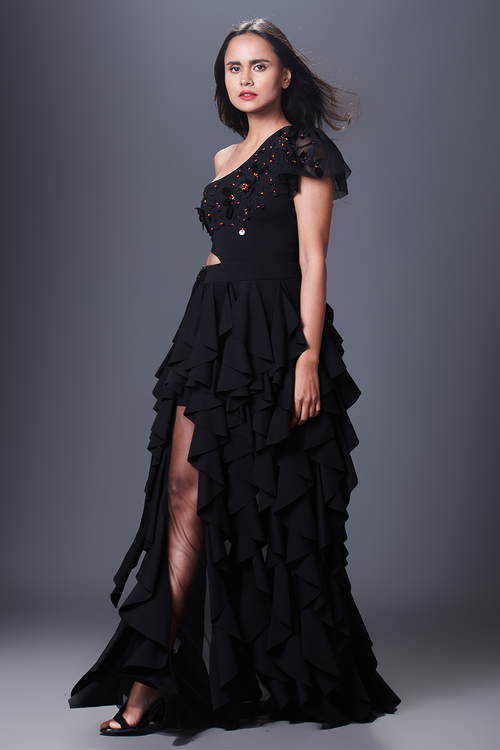 Black Embroidered One Shoulder Ruffle Dress