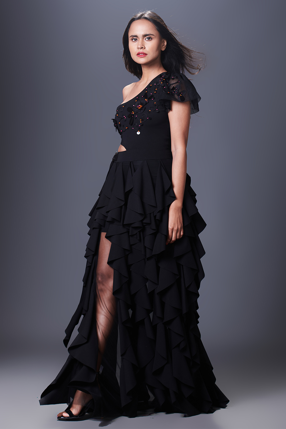 Black Hand Embroidered One Shoulder Ruffle Dress
