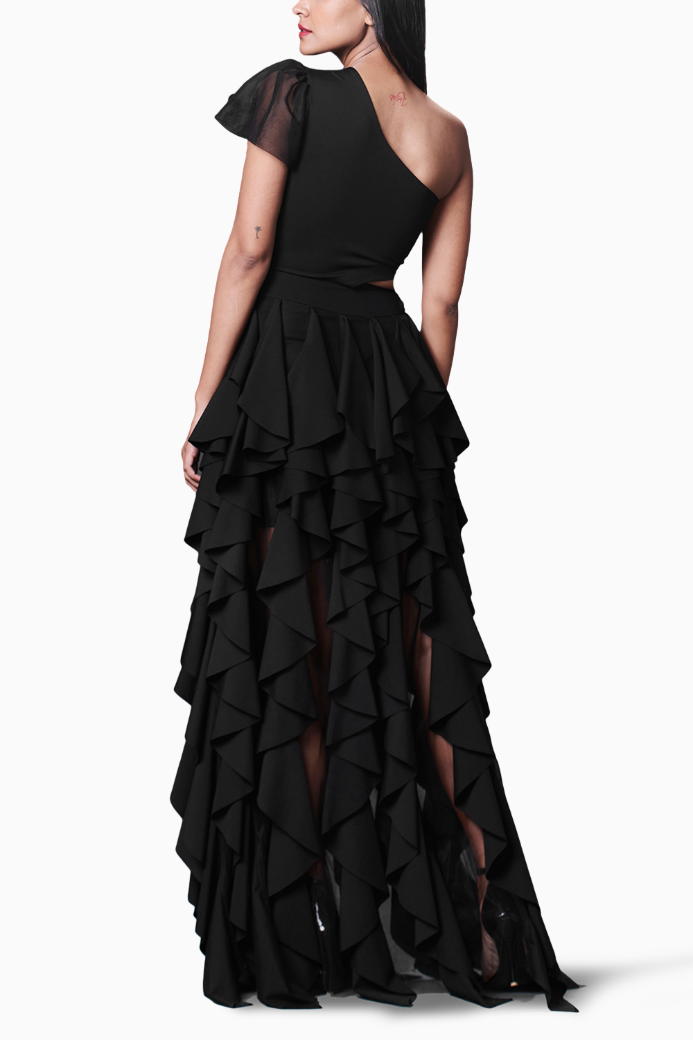 Black Hand Embroidered One Shoulder Ruffle Dress