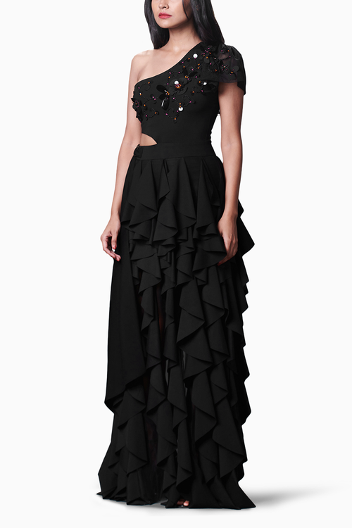 Black Embroidered One Shoulder Ruffle Dress