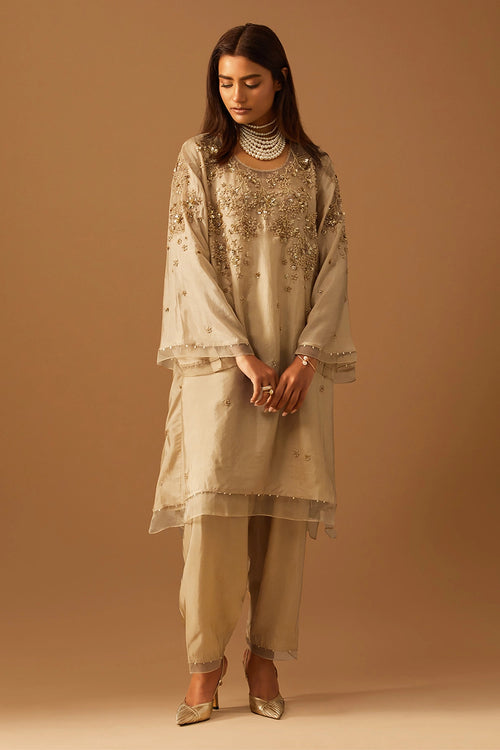Shell Floral Embroidered Silk Salwar Set