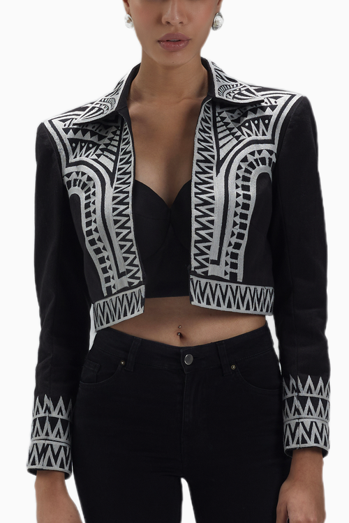 Black Twill White Thread Work Crop Jacket