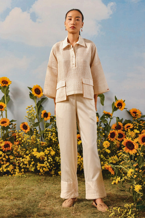 Ivory Pintuck Pocket Jacket With Palazzos